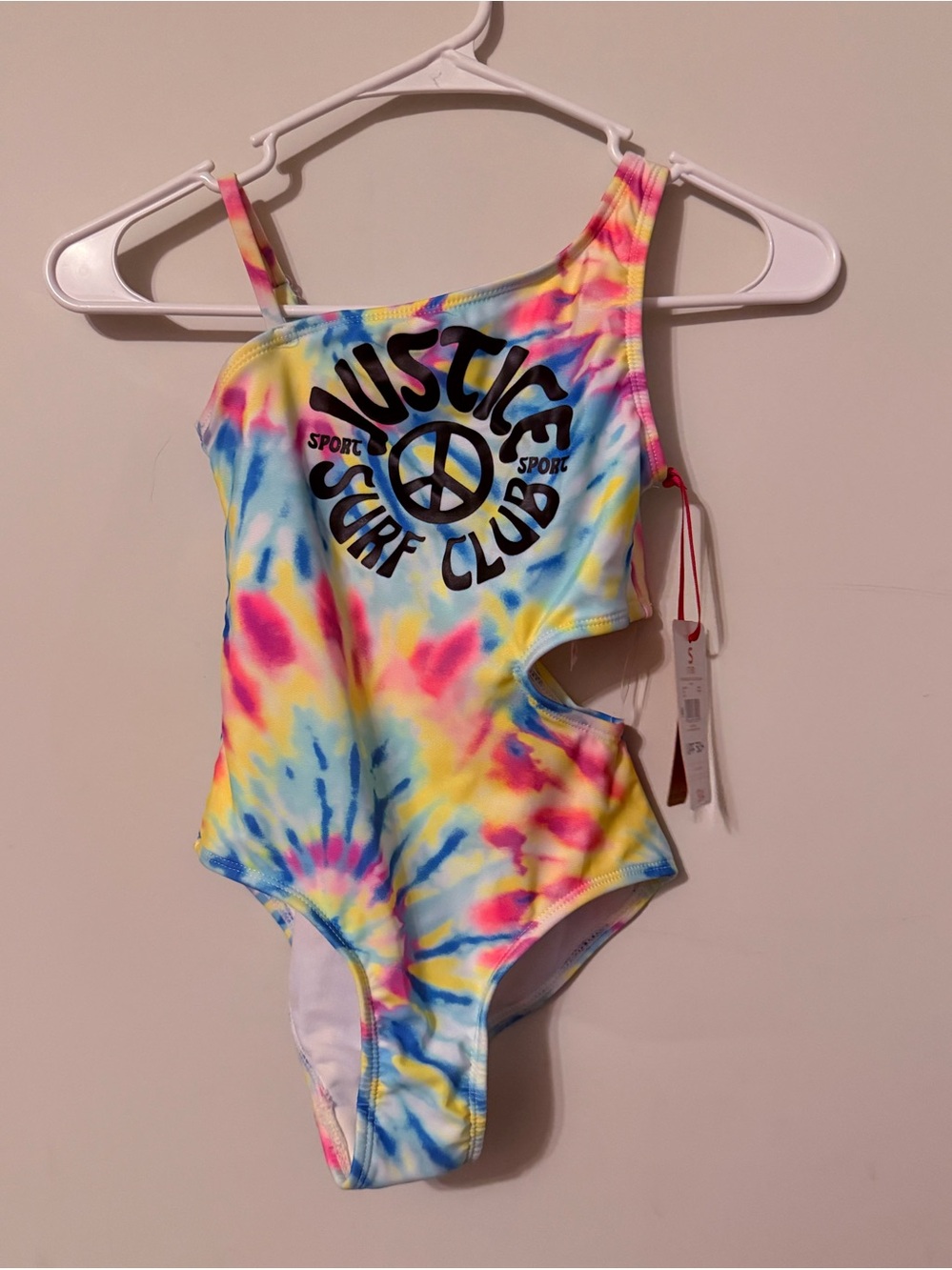 Justice tie-dye one-shoulder swimsuit features a playful side cutout Sz S 7/8